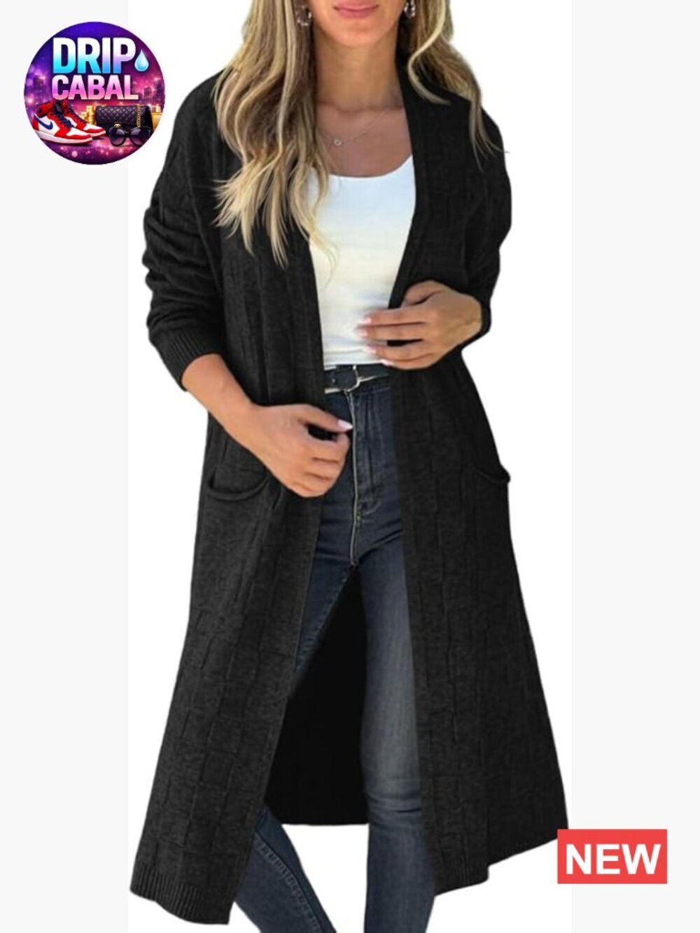 Oversized Open Front Checkered Knit Cardigan Sweater with Pockets